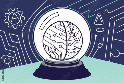 AI Future Prediction Crystal Ball with Digital Circuits Representing Forecasting Intelligence, Trend Analysis, Predictive Technology and Visionary AI