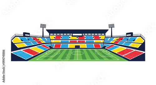 Colorful illustration of a soccer stadium with empty seating and a green field