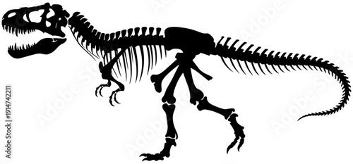 Tyrannosaurus rex skeleton silhouette, dinosaur fossil illustration, prehistoric creature design, black and white paleontology art, extinct species anatomy, educational Jurassic icon