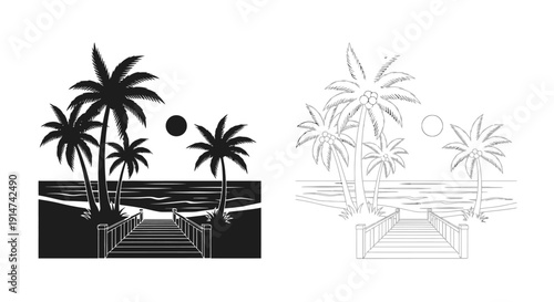 Tropical beach scene with palm trees ocean and a wooden pier depicted in two styles