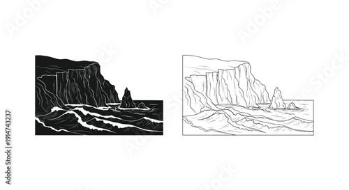 Two contrasting depictions of a rocky coastline with waves and a sea stack