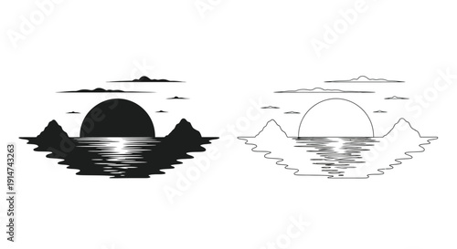 Minimalist landscape designs featuring mountains and a reflective water surface