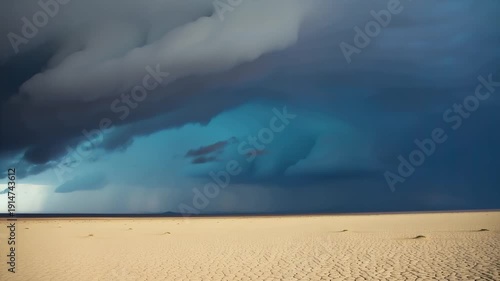 Dramatic Desert Thunderstorm With Low Shelf Cloud Rolling Over Flat Sand Landscape