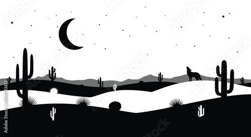 A silhouetted desert landscape featuring cacti a coyote and a crescent moon