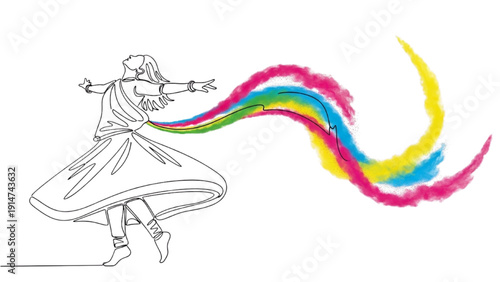 High-quality black continuous line art of a joyful dancer mid-spin with flowing Holi powder trails, dynamic expressive minimal style