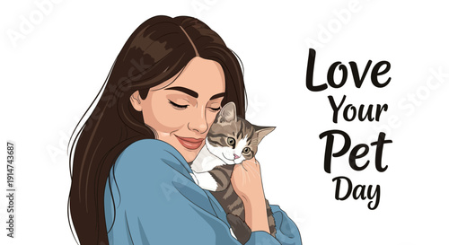 A woman tenderly holds and cuddles a cat on Love Your Pet Day, celebrating companionship and affection between a pet owner and her furry friend.