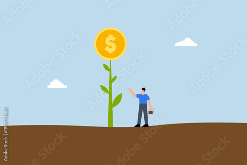 Investment growth, Businessman investor completes watering a money plant seedling with coin flower