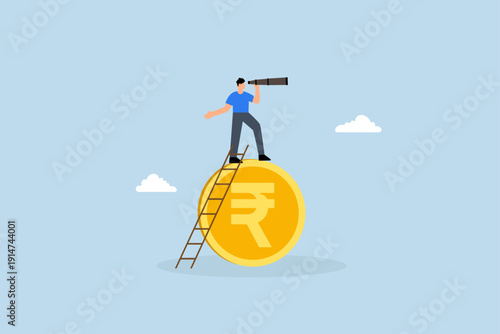 India economic, Intelligent business leader ascends ladder on Indian rupee coin with telescope searching for vision