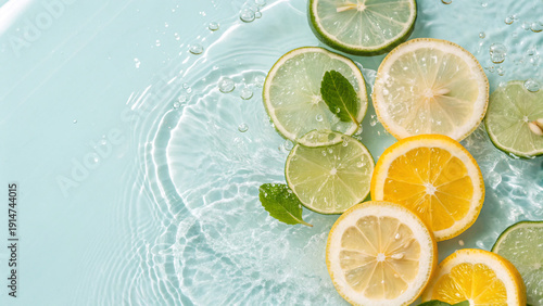 Fresh lemon and lime slices float on water with mint leaves in a bright and clear setting during daytime
