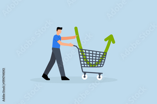 Buy on the dip, Intelligent entrepreneur investor purchases stocks with a downward trending graph in  shopping cart.