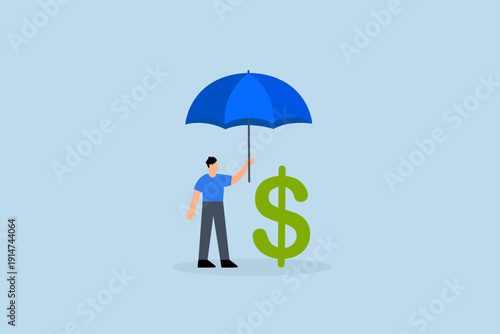 Income protection insurance, The businessman with a large umbrella exuding confidence, covered in dollar signs