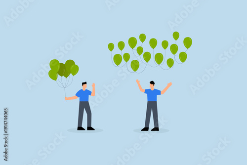 Decentralization, Businessman holding balloons tied together gazes at network of decentralized balloons