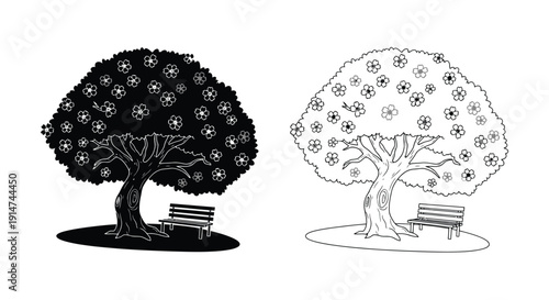 Two trees with contrasting styles and a park bench scene