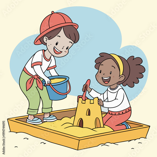 Kids Playing in Sandbox: A Vector Illustration of a Coloring Page