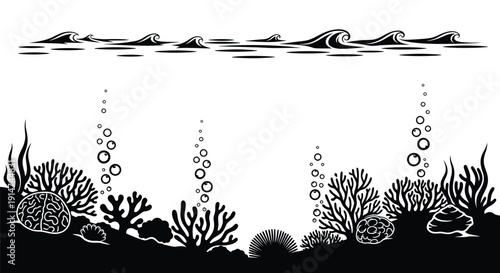 Black and white illustration of an underwater scene with coral and bubbles