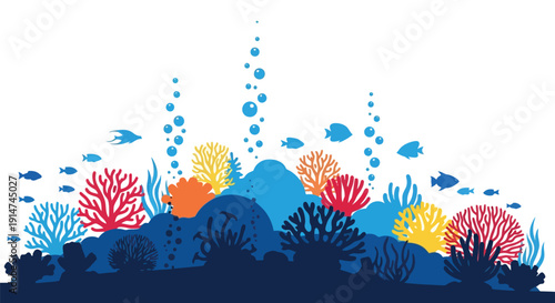 Stylized underwater scene with colorful coral and various fish species