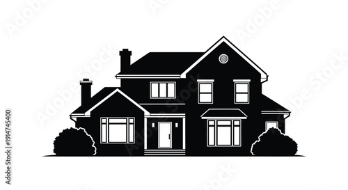Black and white silhouette of a classic two story family house with a yard