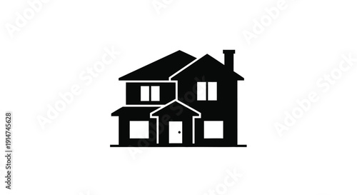 Simple black silhouette of a two story house with a chimney