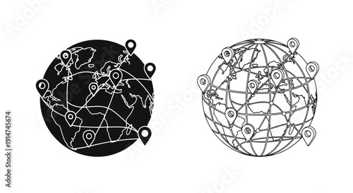 Global network connection illustration with map pins and web design