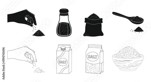 Various illustrations of salt including pouring containers and piles