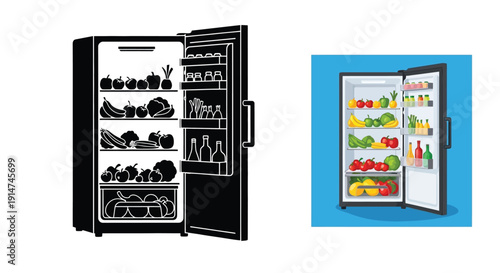 Two refrigerators displaying colorful food items within one in silhouette