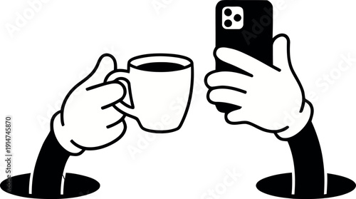 Coffee and Phone Icons Collection: Cartoon Gloved Hands, Modern Habits and Digital Lifestyle 