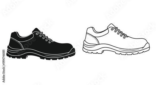 Two depictions of a work boot one solid black one a line drawing
