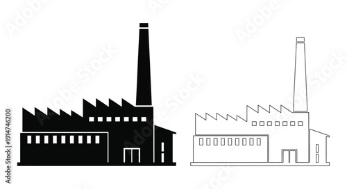 Simple black and white illustration of industrial factory buildings with smokestacks