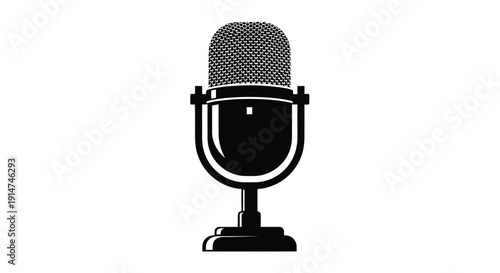 Black and white illustration of a vintage style microphone on a white background
