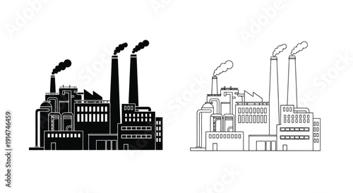 Industrial complex with smokestacks in black and white variations