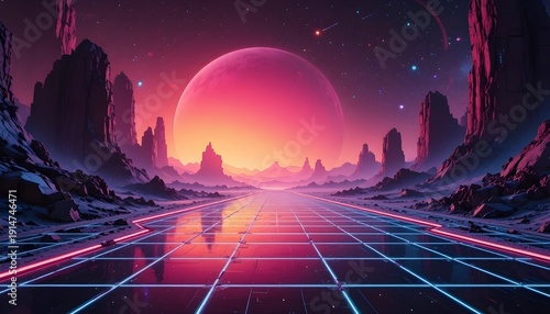 Retro 1980s Sci-Fi Futuristic Landscape Background with Digital Cyber Surface for Vintage Design