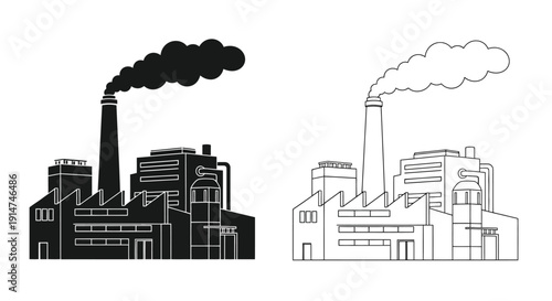 Industrial complex illustration showing contrasting black and white depictions