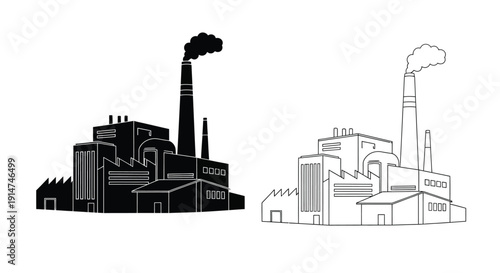 Industrial facilities with smokestacks presented in contrasting black and white styles