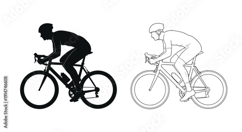 Two cyclists depicted in contrasting black and white line art styles
