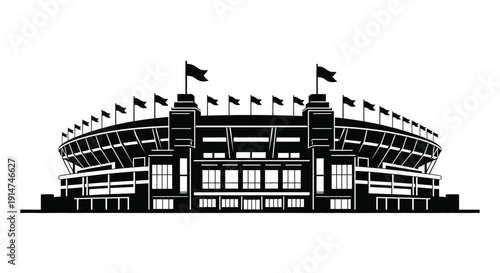 Black and white illustration of a large stadium with flags waving