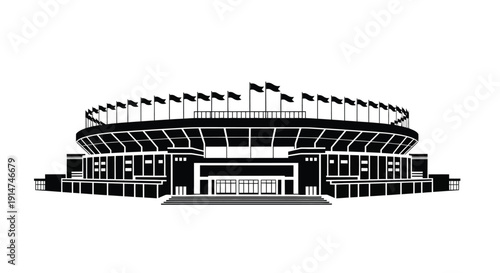 A stylized black and white illustration of a large sports stadium exterior