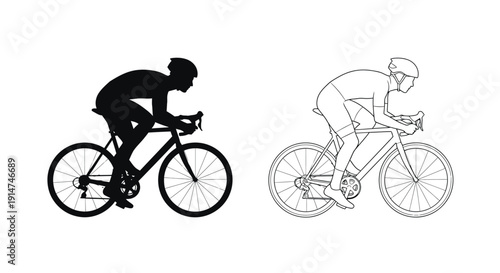 Two cyclists in profile one dark and one light riding bicycles
