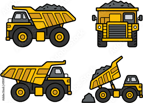 Dump trucks loaded with gravel or soil in various positions, illustrations, industrial, vehicles, heavy