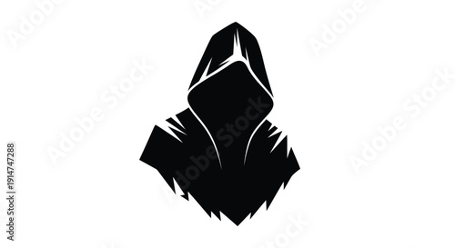 Silhouette of a hooded figure against a stark white background