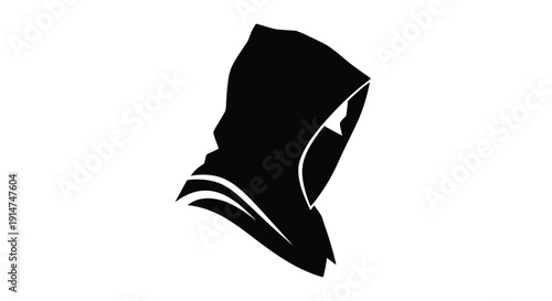 Silhouette of a hooded figure with a mask stark black against white