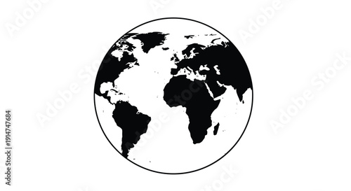 A black and white illustration of planet earth within a circular frame