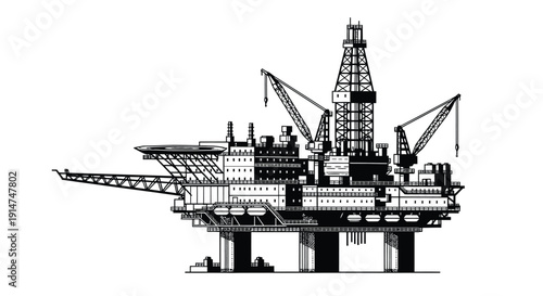 Black and white illustration of a large offshore oil drilling platform