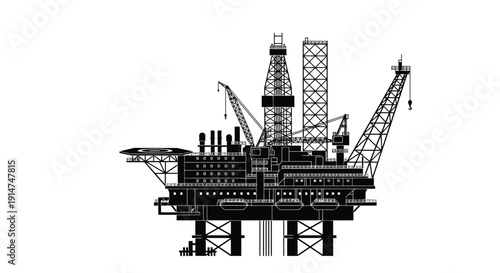 Silhouette of an offshore oil and gas platform structure at sea