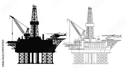 Oil rigs in black and white an illustration of offshore drilling platforms