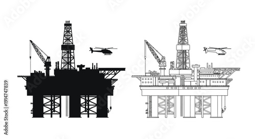 Oil rig silhouettes and line art illustrations with a helicopter nearby