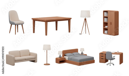Modern 3D Home Furniture Icon Set Chair Sofa Bed Table EPS 10 Vector