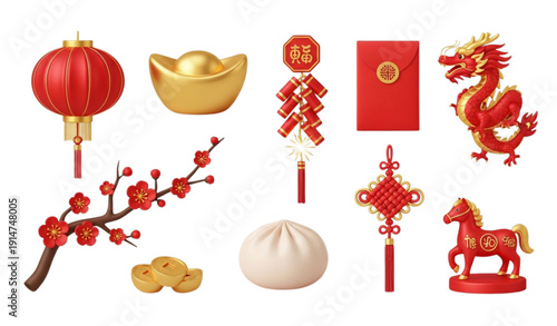 Luxury 3D Chinese New Year Icon Set Red Gold Lunar Festival EPS 10