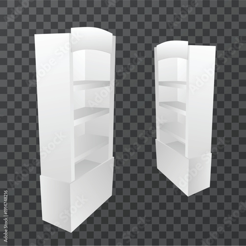 White empty long display cabinet with shelves for products on a white background, suitable for supermarkets