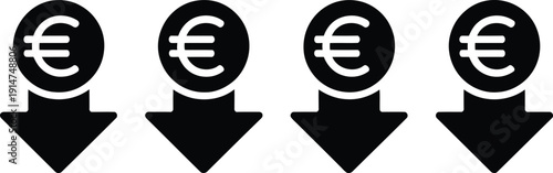 Four euro coins falling down with arrows