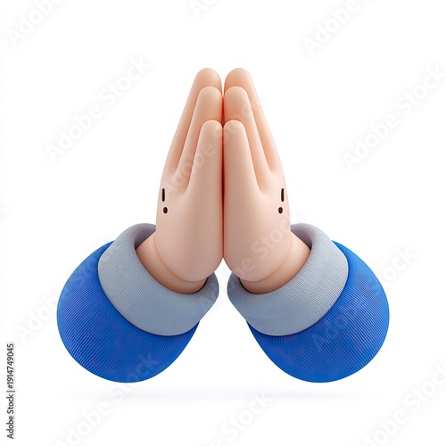 3D cartoon style hands clasped in prayer, wearing blue sleeves. Isolated on white